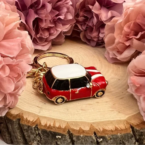 Retro Red and White Mini Cooper Car Keychain Charm - Picture 9 of 16